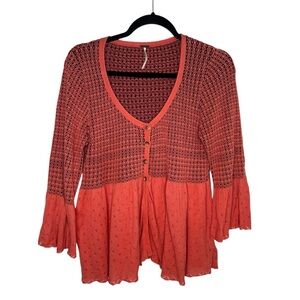 Free people womens M peplum orange knit bell sleeves  babydoll top pumpkin patch